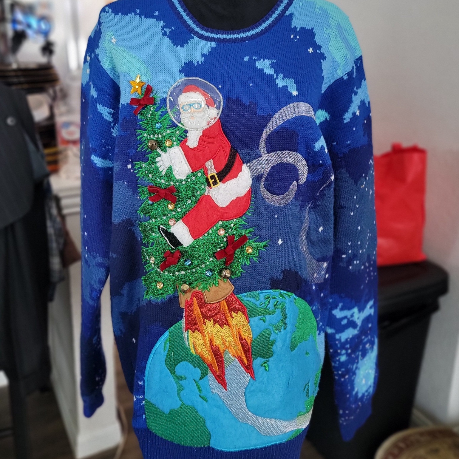 Astronaut Santa Rocket Christmas Tree Space Ugly Sweater Blue Mens Large